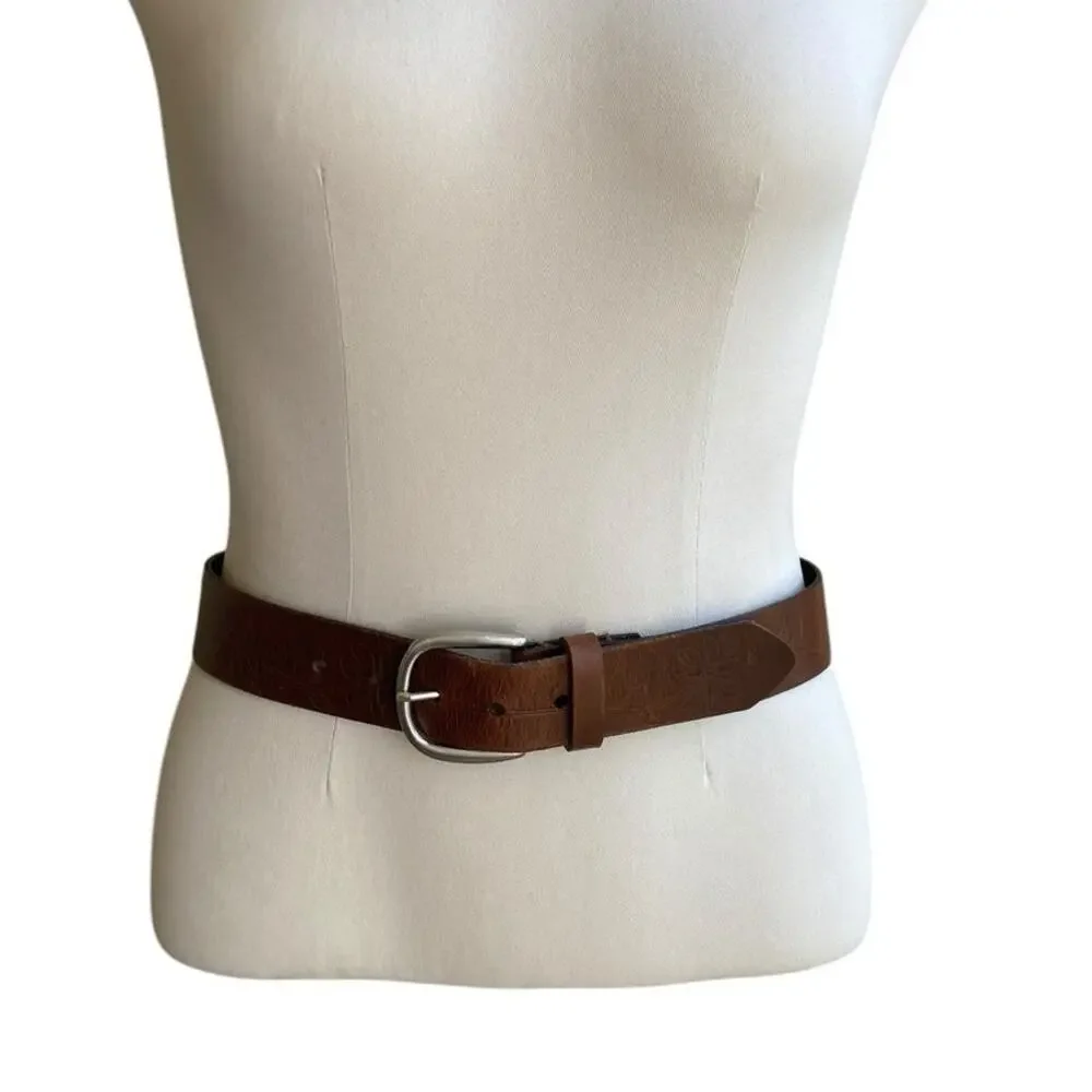 Vtg Unbranded Brown Leather Floral Tooled Western Boho Belt Small Silver Buckle